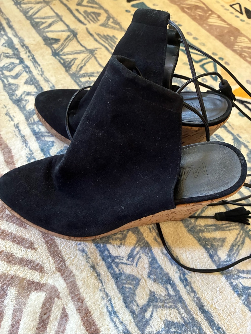 M4DE Black Suede Cork Wedge Mules with Ankle Tie Made in Brazil 8.5 - Picture 2 of 6